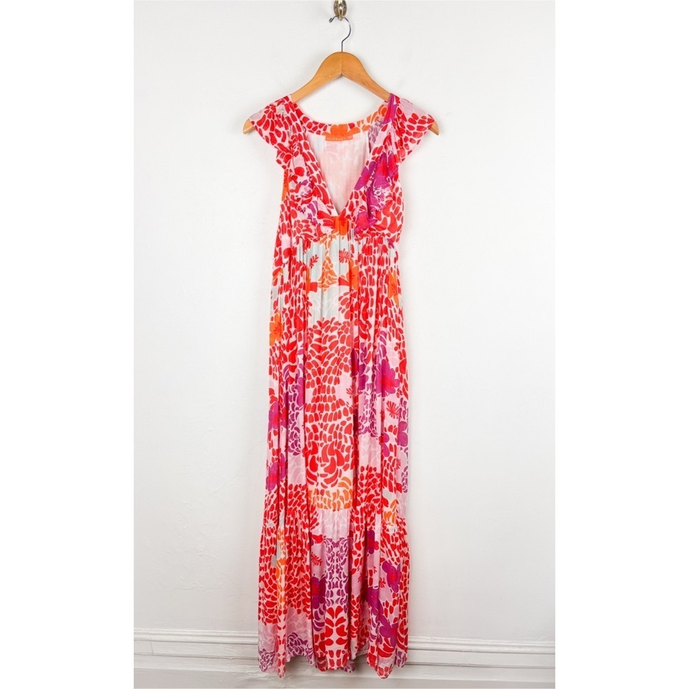 Oliphant Orange Antigua Ruffle V-Neck Tiered Cotton Maxi Dress Sz XS - Picture 2 of 11